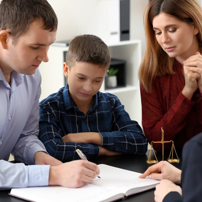 Divorced parents with lawyer for family law