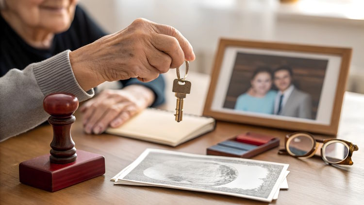 elderly couple hands over a house, family legacy elderly couple hands over a house, family legacy