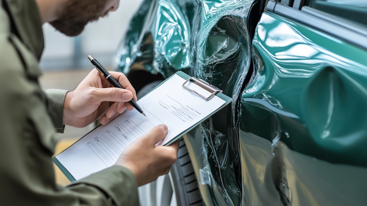 insurance adjuster writing a damaged car report