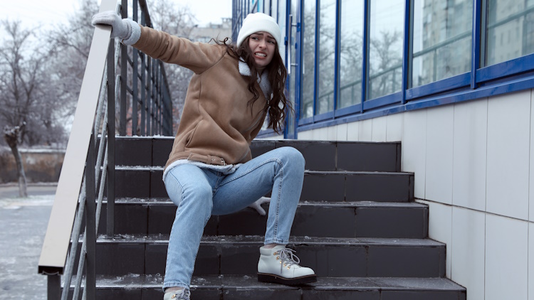 woman falls on slippery, iced stairs
