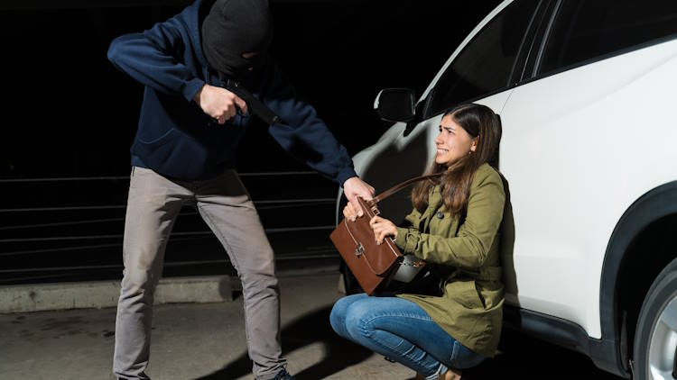 Thief snatching victim's purse while threatening her with gun