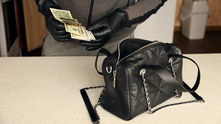 Robber in black gloves with stolen purse and money Robber in black gloves with stolen purse and money