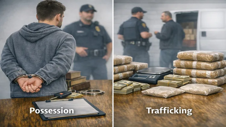 Difference between drug possession and trafficking under Ohio and Kentucky law.