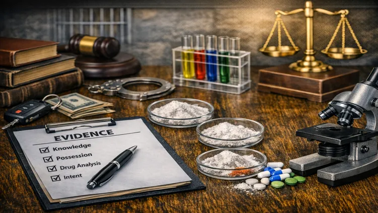 Evidence and checklist showing the elements prosecutors must prove in a drug possession case