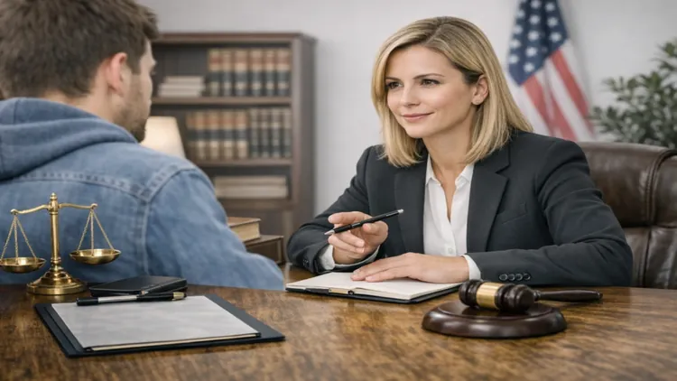 Experienced attorney meeting with a client in a law office.