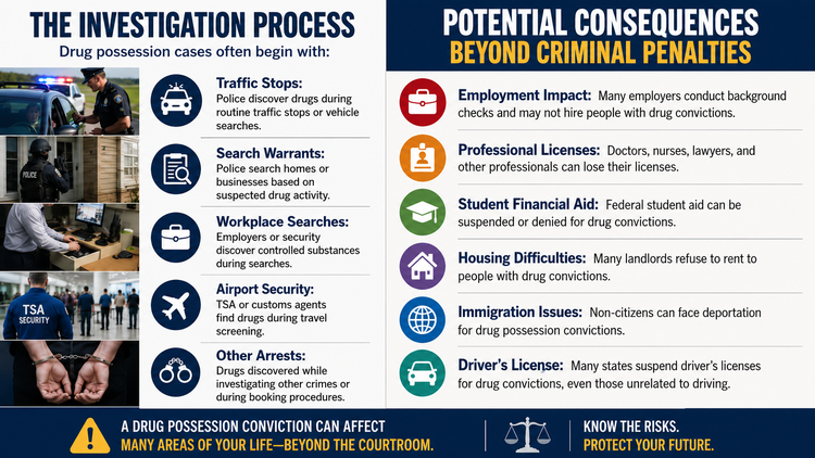 Drug possession infographic showing common investigation methods and life consequences beyond criminal penalties. Drug possession infographic showing common investigation methods and life consequences beyond criminal penalties.