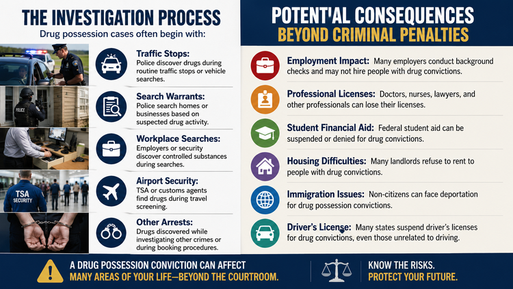 Drug possession infographic showing common investigation methods and life consequences beyond criminal penalties.