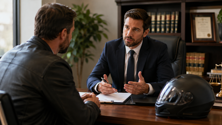 man explaining motorcycle case to lawyer