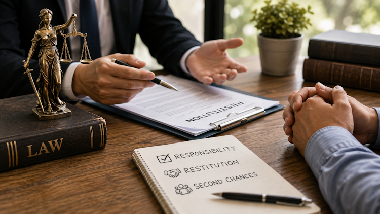 Attorney discussing restitution and legal options with a client
