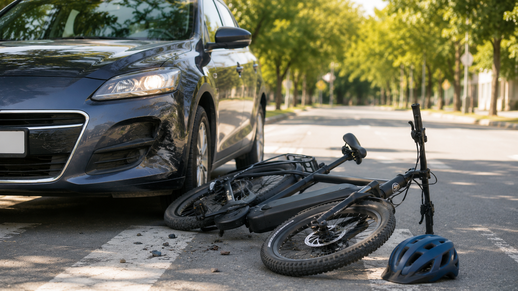 E-Bike and Car Collision Electric bike lying near a car after a collision