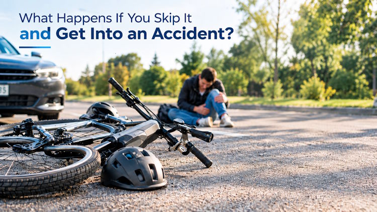 What Happens If You Skip It and Get Into an Accident? Bicycle accident scene with a damaged bike and helmet on the road and an injured cyclist sitting in the background