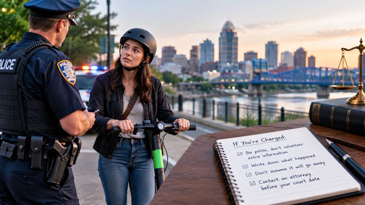 What to Do After an E-Bike or Scooter DUI or OVI Charge Police officer speaking with an e-scooter rider after a traffic stop