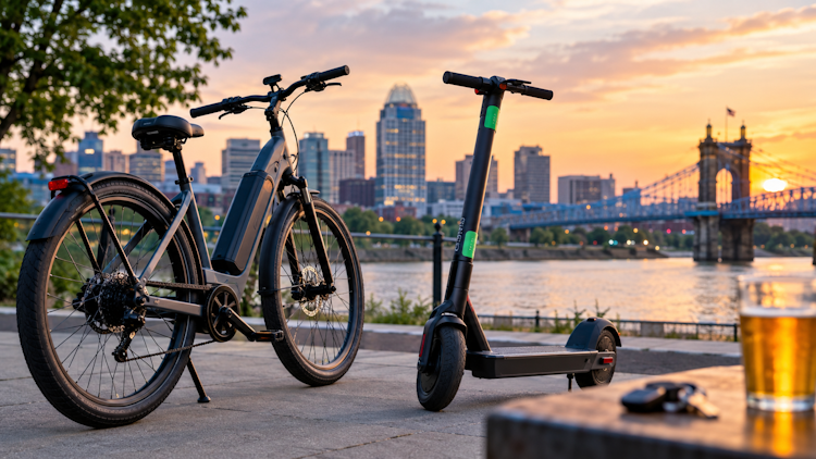 Can You Get a DUI on an Electric Bike or Scooter? Electric bike and scooter in Cincinnati with city skyline