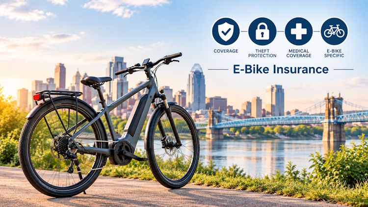E-Bike Insurance in Cincinnati and Northern Kentucky Electric bike with insurance coverage graphics overlooking the Cincinnati skyline and river