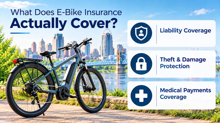 What Does E-Bike Insurance Actually Cover? E-bike with graphics showing liability, theft and damage, and medical payments coverage